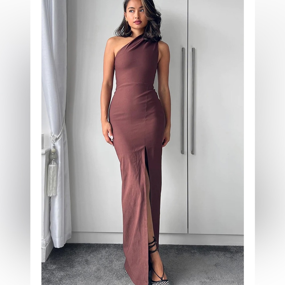 Vesper 247 Charlotte Chocolate One Shoulder Maxi Dress